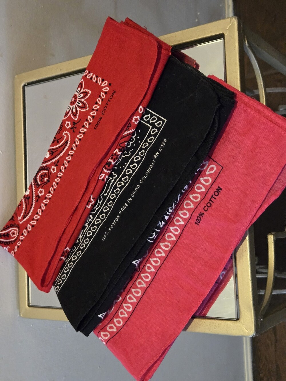 3 Vintage Paisley Cotton Bandanas Red Hot Pink Black Western Square Kerchiefs